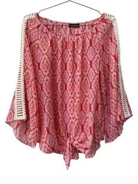 B Design Blouse Print Crochet Lace Sleeves Lightweight - Size XL
